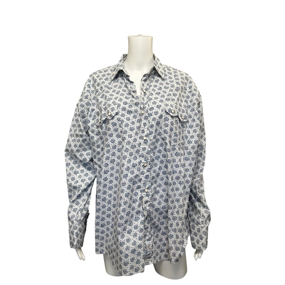 Vintage Panhandle Slim Blue White Pattern Long Sleeve Western Shirt Size L